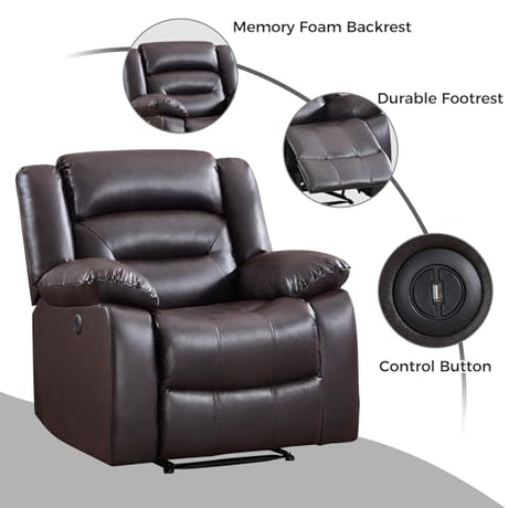 EBELLO Classic Power Recliner Chair, Faux Leather Oversized Electric Overstuffed Chair with Soft Cushion and Back, Sofa with Comfortable Armchair for Living Room, Brown EBELLO