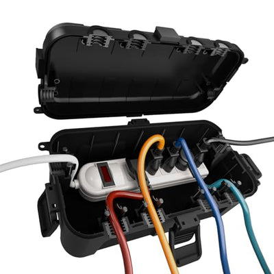 Flemoon Medium Outdoor Electrical Box (11.5x5.2x4 inch), IP54 Waterproof Extension Cord Cover w/6 Cable Entry Ports, Weatherproof Connection Box for Power Strip, Timer, Plug, Holiday Lights, Black