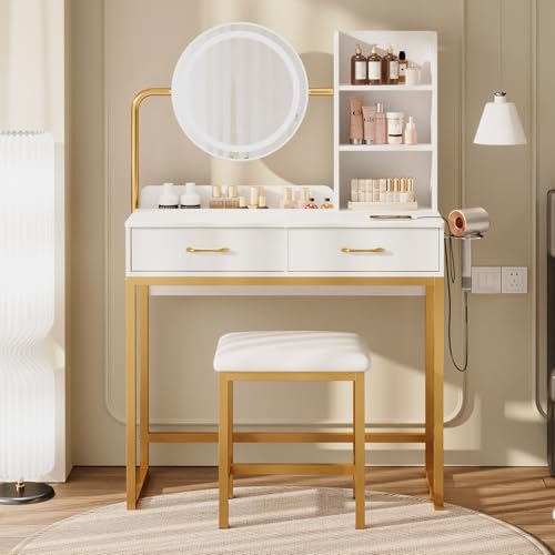 Dowinx Vanity Desk with LED Lighted Mirror & Power Outlet, White Vanity Desk with Adjustable 3 Lighting Modes, Small Vanity Desk for Bedroom, Makeup Vanity with Chair for Girl, Gold and White Dowinx