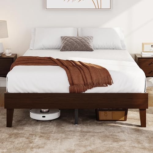 Yaheetech Queen Bed Frame Natural Solid Wood Platform Bed with Wooden Slats Support, 7.3-inch Underbed Space for Storage, Noise-Free Design, Easy Assembly, Dark Walnut Finish Yaheetech