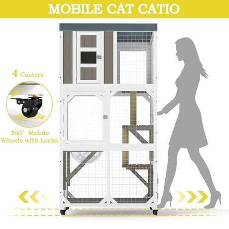 Mayugardening Catio Outdoor Cat Enclosure,Outdoor Cats House with 5 Platforms & Space Capsule,Wooden Cat Catio Cats Enclosure with Weatherproof Oxford Cloth Roof & 4 Wheels,Grey mayugardening