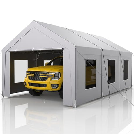 Carport 12x20 ft Heavy Duty, Car Port with Reinforced Steel Frame and 6 Roll-up Windows, Portable Garage with Removable Sidewalls, Water-Proof All-Season Car Canopy for Boat, Truck, Light Grey ONBRILL