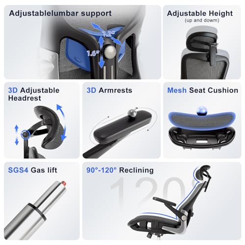 marrap Ergonomic Office Chair, Mesh Seat Cushion with 3D Armrests and 3D Headrest, Adjustable Lumbar Support with 90-120° Rocking Function, SGS Class 4 Gas Clylinder, Black marrap
