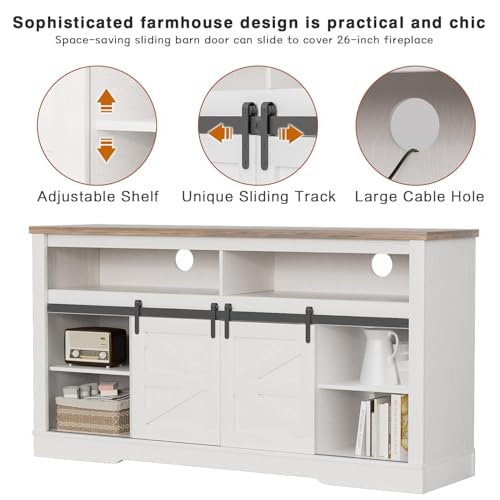 YESHOMY Fireplace TV Stand for Television up to 65+ Inch with Storage and Farmhouse Sliding Barn Doors, Entertainment Center with Cabinet and Shelves, Media Console for Living Room, White YESHOMY