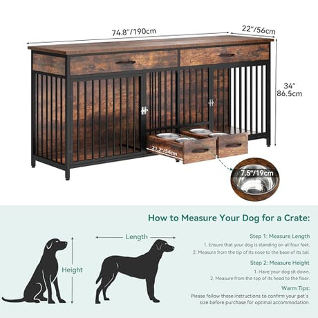 YITAHOME 74.8" Double Dog Crate Furniture with Dog Feeder, Heavy Duty Indoor Dog Kennel TV Stand with Drawers, Sturdy Dog Kennel with Divider for 2 Medium Large Dogs, Brown YITAHOME