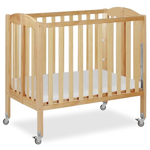 Dream On Me 3-in-1 Portable Folding Stationary Side Mini Baby Crib in Natural & Mattress, GreenGuard Gold & BSA, Use as Changer & Playpen, Locking Wheels, 3 Mattress Heights, Extra Firm Mattress