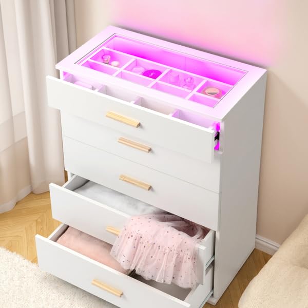 Aenlv White Dresser for Bedroom with 5 Drawers, Chest of Drawers with LED Lights, Wood Bedroom Dresser, Large Capacity Storage Cabinet for Nursery, Kids Room, Entryway Aenlv