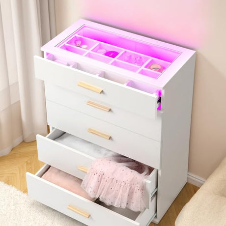 Aenlv White Dresser for Bedroom with 5 Drawers, Chest of Drawers with LED Lights, Wood Bedroom Dresser, Large Capacity Storage Cabinet for Nursery, Kids Room, Entryway Aenlv