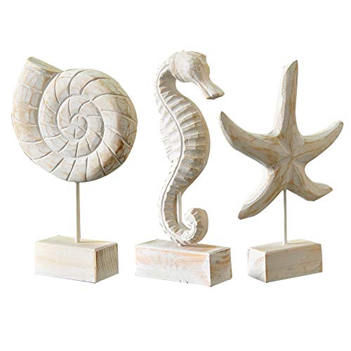 Exttlliy 3pcs Wood Handmade Beach Nautical Style Figurines Starfish/Conch/Seahorse Statue Home Decor Exttlliy
