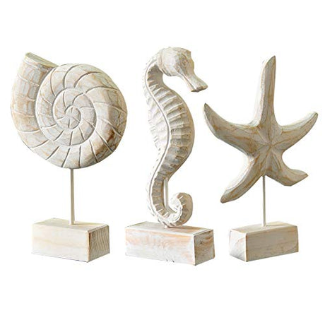 Exttlliy 3pcs Wood Handmade Beach Nautical Style Figurines Starfish/Conch/Seahorse Statue Home Decor Exttlliy