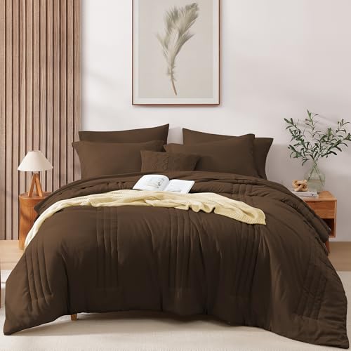 Monbix Full Comforter Set - 7 Pieces Chocolate Brown Bed in a Bag Full Size Bedding Sets with Comforters, All Seasons Comforter with Sheets, Pillowcases & Shams Monbix