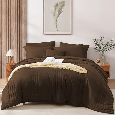 Monbix Full Comforter Set - 7 Pieces Chocolate Brown Bed in a Bag Full Size Bedding Sets with Comforters, All Seasons Comforter with Sheets, Pillowcases & Shams Monbix