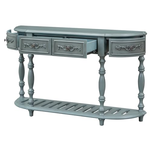 Knocbel Vintage Entry 4-Drawer Console Table with Open Slatted Shelf, Entryway Hallway Foyer Sofa Table with Legs, 52" W x 13" D x 32" H (Antique Blue) Knocbel
