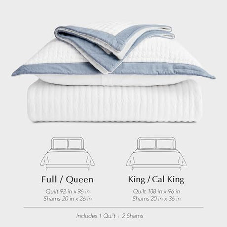 EVERGRACE Cotton Border Frame Tack-Stitch Quilt Bedding Set King Size, Coastal Oversized 3 Pieces Lightweight Bedspread Coverlet for All Season, with 2 Matching Shams, Blue Linen EVERGRACEHOME