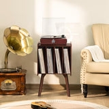 LELELINKY Small Record Player Stand - Width 11.7 in, Walnut Vinyl Record Storage Table with 4 Cabinet Up to 80 Albums, Vinyl Holder with Wood Legs,Turntable Stand Display Shelf for Bedroom Living Room LELELINKY