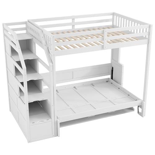Merax Modern Farmhouse Wood Full XL Loft Bed with Full Size Murphy Bed Chest & Storage Staircase/Space Saving/No Box Spring Needed, White Merax