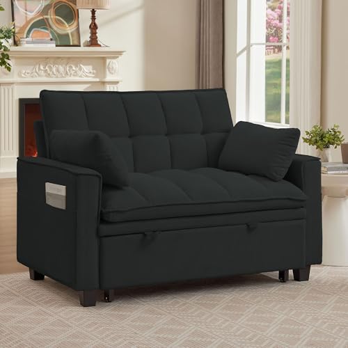 Portaforta Sleeper Sofa with Pull Out Couch Bed, 48.43" Convertible Pull-Out Sofa Bed Chair, 3-in-1 Futon Couch with Reclining Backrest and Side Pockets for Living Room Bedroom Apartment, Light Grey Portaforta