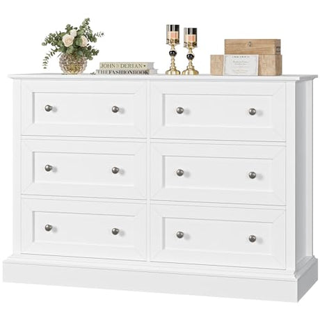 FACBOTALL Modern 6 Drawer Double Dresser, White Dresser Wood Dresser, Wide Chest of Drawers with Deep Drawers & Mental Double Handles Nursery Dresser for Living Room, Hallway FACBOTALL