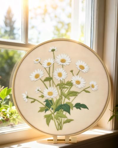 ERKOON Embroidery Kit for Beginners, Flower Cross Stitch Set Include Embroidery Cloth Hoops Threads for Craft Lover Hand Stitch with Embroidery Skill Techniques (Daisy) ERKOON