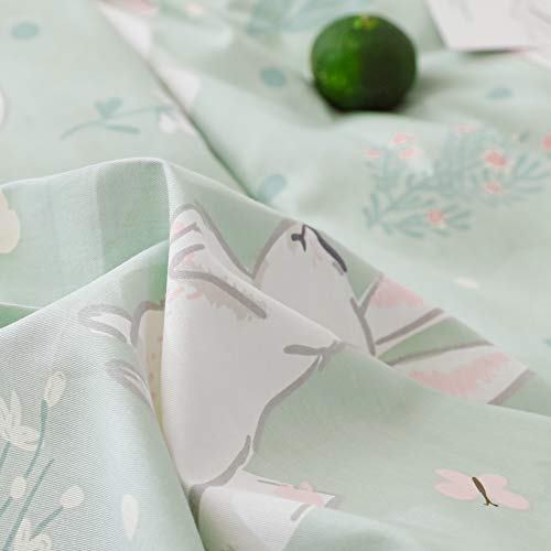 BlueBlue Rabbit Kids Duvet Cover Set, 100% Cotton Bedding for Boys Girls Teens Single Bed, Cartoon White Rabbit Flower Pattern Print on Light Green, 1 Comforter Cover 2 Pillowcase (Twin, Cute Rabbit) BlueBlue