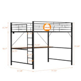 VINGLI Loft Bed Full Size with 15 Inches Extra Tall Guardrail, LED Lights and Desk Underneath, Industrial Metal Double High Sleeper with 2 Charging Stations and Flat Rung Steps, Space Saving,Black VINGLI