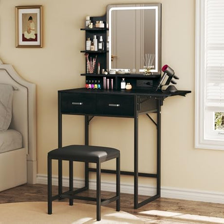 ALEXNUTRE Makeup Vanity Desk with Mirror and Lights, Small Vanity with Fabric Storage Drawer & Chair & Shelves, Vanity with Fold-up Panel and Power Outlet for Bedroom ALEXNUTRE