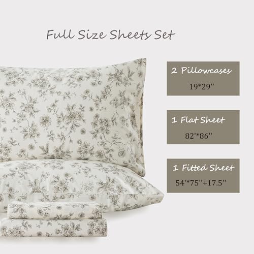 Zusbest Cotton Sheets Full Tan Floral Beige Patterned Bed Sheet Sets Vintage Peony Flower Toile Printed Bedding Luxury Soft Breathable Crisp Cooling Percale Sheets Deep Pocket 17.5'', 4 Pcs Zusbest