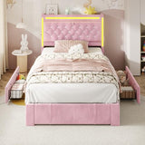 HAUOMS Twin Bed Frame with 3 Drawers, Storage Headboard with Charging Station & LED Lights, Velvet Upholstered Twin Size Girl Bed with Heavy Duty Metal Slats, No Box Spring Needed, Noise Free, Pink HAUOMS