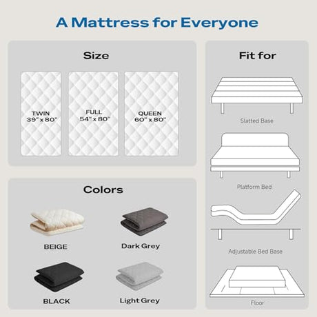 Aircliff Japanese Floor Mattress, Roll Up Tatami Mat, Sleeping Pad, Shikibuton, CertiPUR-US Certified Foam Floor Bed Futon Mattress for Dormitory, Guest Bed, Designed in Japan(Light Grey, Twin) Aircliff