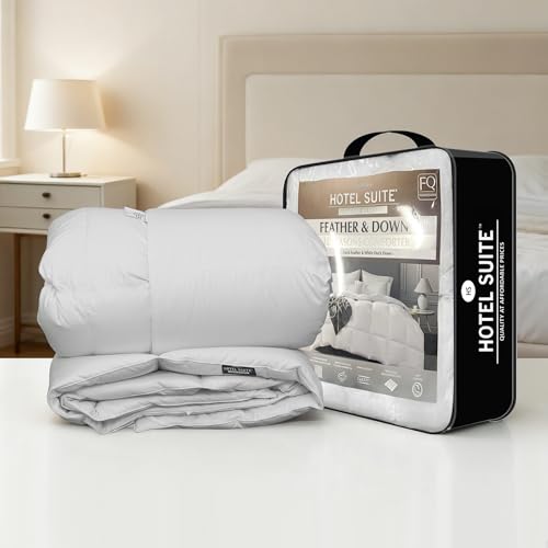 Hotel Suite Luxurious Feather and Down Comforter Duvet Insert Full/Queen Size, 100% Cotton Cover, Hotel Collection Quilts, 56 oz Fill Weight, All Season Medium Warmth 88 x 88 Inch White Hotel Suite