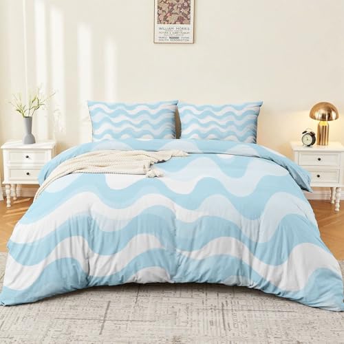 Single 61" x 79" Bedding Duvet Cover Set - Blue Minimalist Modern Wavy Printed 3 Piece Brushed Microfiber Comforter Quilt Cover with Zipper Closure for Men and Women Generic