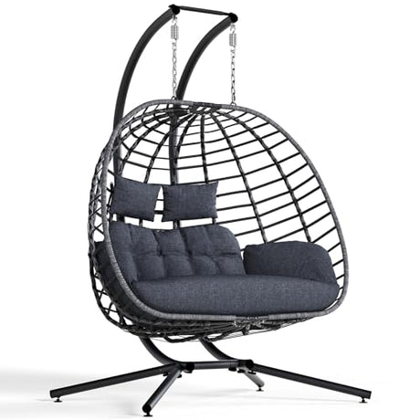 SWITTE Double Egg Swing Chair with Stand, Outdoor Patio 2 Person Hanging Wicker Hammock Chairs with Cushion for Indoor Bedroom, Lawn, Garden-Dark Grey SWITTE