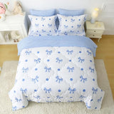 Wajade 7 Piece Blue Bow Comforter Set for Girls Kids Full Size Bedding Set with Sheet and 2 Pillowcases 2 Pillow Shams Cute Girls Bed in a Bag as Birthday Choice Wajade