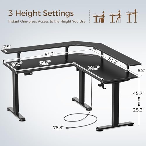 Rolanstar Standing Desk L Shaped with LED Light and Power Outlet, Electric Height Adjustable Computer Office Desk Sit Stand Up with Monitor Stand, Black Rolanstar