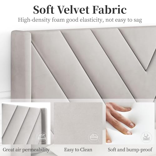 Yaheetech Beige Queen Upholstered Platform Bed with Wing Headboard & Wooden Slat Support Yaheetech