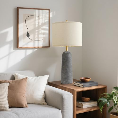 BOBOMOMO 27.25" Modern Table Lamp Set of 2, Gray Resin Lamp with Natural Stone Look, Lamps for Living Room with Linen Shades, Nightstand Lamp for Bedroom, Living Room, Entryway BOBOMOMO