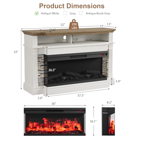 QUW Fireplace TV Stand for TVs up to 65", Farmhouse 52" Fireplace Entertainment Center with 36" 3-Side Glass Electric Fireplace, TV Console with Open Storage Shelves for Living Room, Antique White QUW