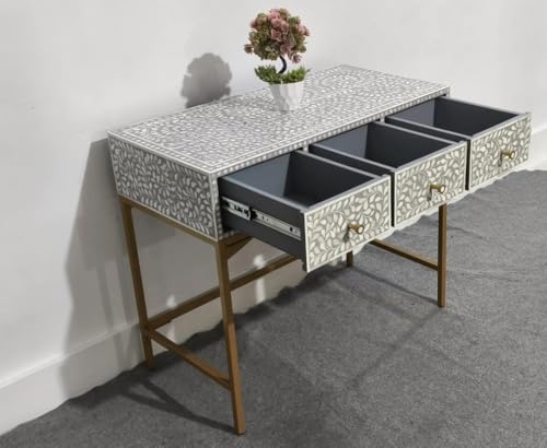 Bone Inlay Console Table with Gold Base, Gray and White Floral Pattern, 3 Drawers, Handcrafted Traditional Design Generic