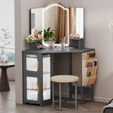 LVSOMT Corner Makeup Vanity Desk with Mirror and Lights, Dressing Table with Charging Station, Makeup Table with Stool, Storage Cabinet and Adjustable Shelf, Bedroom Vanity for Girls Women, Grey LVSOMT