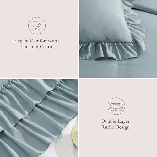 AMBERSPACE King Size Comforter Set Dusty Blue, Ruffle Shabby Chic Bedding Set Farmhouse 7 Pieces, All Season Fluffy Bed in a Bag with Sheets, Pillowcases & Shams AMBERSPACE