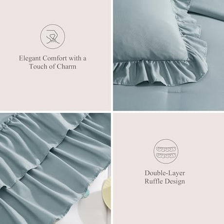 AMBERSPACE Queen Comforter Set Dusty Blue, Ruffle Shabby Chic Bedding Set Farmhouse 7 Pieces, All Season Fluffy Bed in a Bag with Sheets, Pillowcases & Shams AMBERSPACE