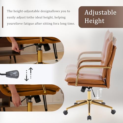 MOJAY Office Chair, Leather Desk Chair, Brown Desk Chair, Mid Century Modern Office Chair, Swivel Comfy Upholstered Executive Desk Chair with Gold Legs and Armrests for Home, Office (Camel&Golden) MOJAY