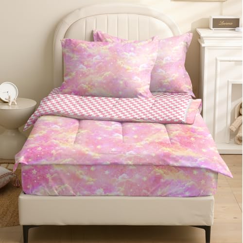 Yadangxiawa Kids Comforter Set,Zipper Bedding Twin for Girls,Pink Cloud Printed Comforter Set with Pink Checkerboard Fitted Sheets and Pillowcases for All Season(Cloud Twin) Yadangxiawa