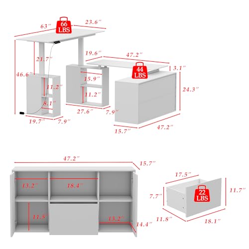 WOODTIME U-Shaped Electric Standing Desk with Drawer, Doors & Open Shelves, Height Adjustable Home Office Computer Stand up Desk with Storage, White WOODTIME