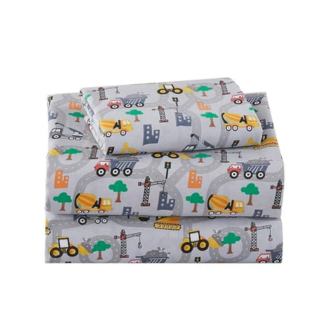 Softan Kids Bed Sheet Set, 3-Piece Twin Sheets Set, Microfiber Fitted Sheet with 15 Inches Deep Pocket and Corner Straps, Breathable & Silky Soft Excavator Pattern Sheet and Pillowcase Sets Softan