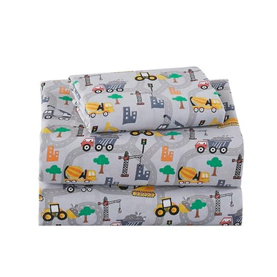 Softan Kids Bed Sheet Set, 3-Piece Twin Sheets Set, Microfiber Fitted Sheet with 15 Inches Deep Pocket and Corner Straps, Breathable & Silky Soft Excavator Pattern Sheet and Pillowcase Sets