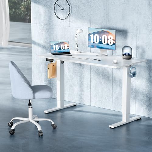 DUMOS 40 Inch Electric Standing Desk Height Adjustable, Sit to Stand Up Computer Workstations Work PC Table Home Office Study Writing Gaming Desks with Memory Presets for Walking Pad, Bedroom, White DUMOS