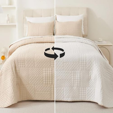 Cmfshape King Quilt Bedding Set - 3 Pieces Reversible Ultrasonic Quilt with Classic Patchwork Pattern,Soft Lightweight Bedspread Coverlet for All Season with 2 Pillow Shams,King Beige(104"x92") Cmfshape