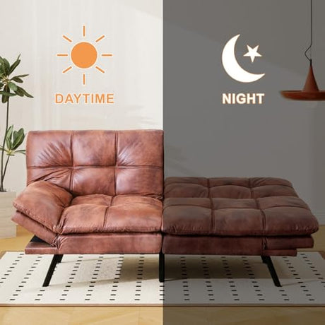 MUUEGM 71" Convertible Futon Sofa Bed, Adjustable Backrest & Armrest Couch, Comfortable Sleeper Loveseat with Faux Leather, Ideal for Small Space Living Room, Apartment, Office, Brown MUUEGM
