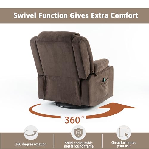 Ketaiyou Rocker Swivel Recliner Chair for Adults, Overstuffed Large Manual Recliner Glider with Massage and Heat, Comfy Soft Fabric Living Room Reclining Sofa Chair (Cocoa1)